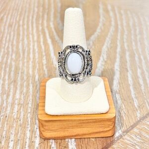 Vintage Style Ring Size 10 Oval White Stone Silver Tone Filigree Boho Statement
